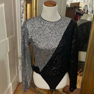 Express Silver and Gray Sequin Asymmetrical Bodysuit